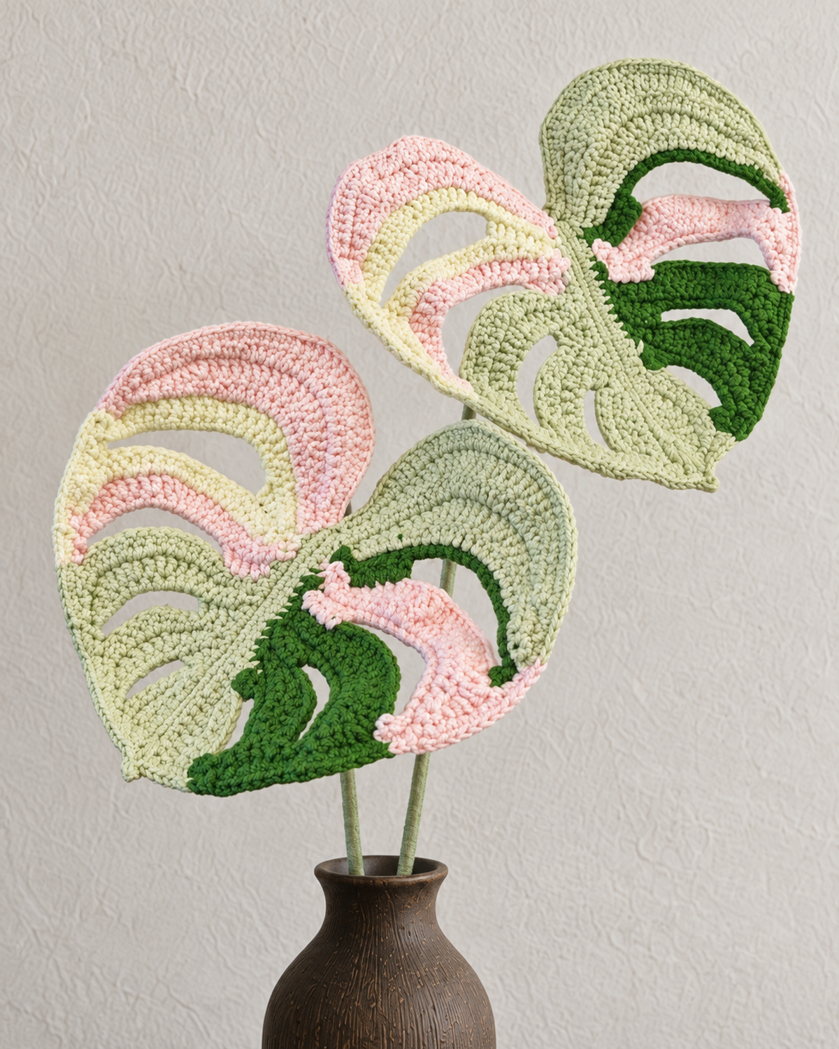 Variegated Monstera Crochet Leaf - Single Stem, 40 cm