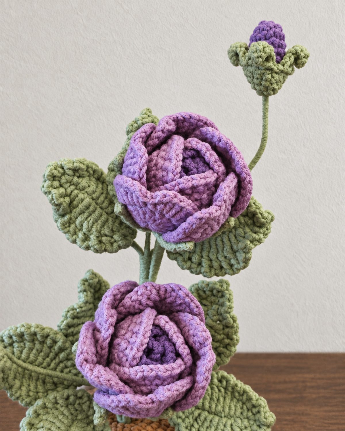 Purple Double Rose Crochet Potted Plant