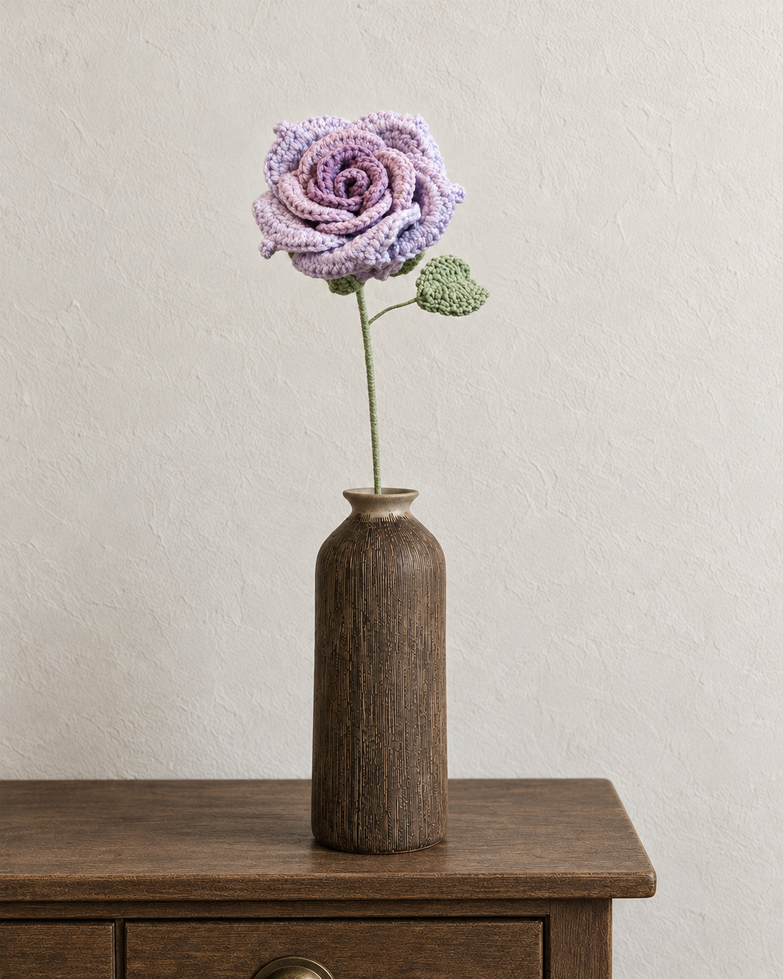 Lavender crochet Thai rose in a walnut-brown textured vase; vase not included