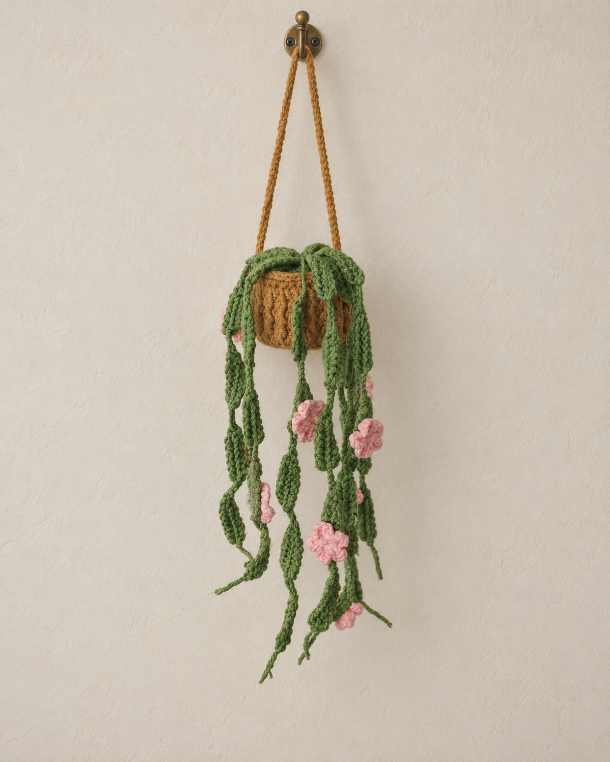 Pink Flower Cactus Crochet Hanging Basket