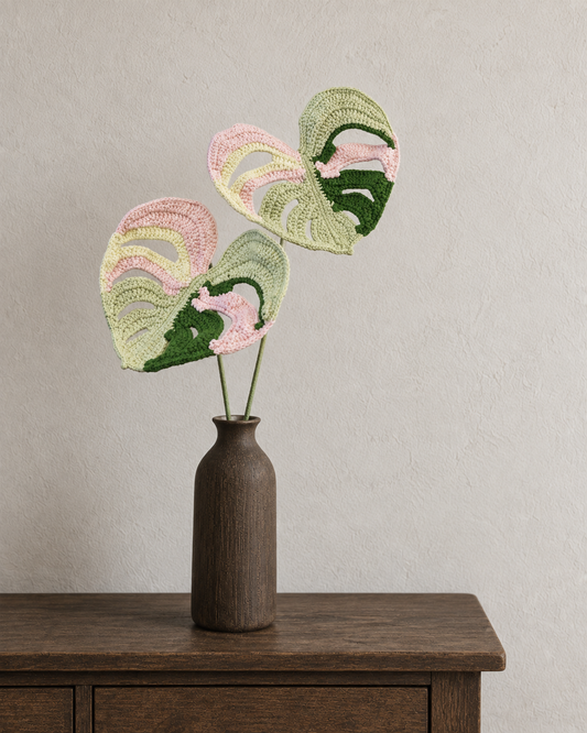 Variegated Monstera Crochet Leaf - Single Stem, 40 cm