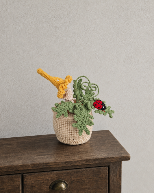 Yellow Mushroom & Ladybug Crochet Potted Plant