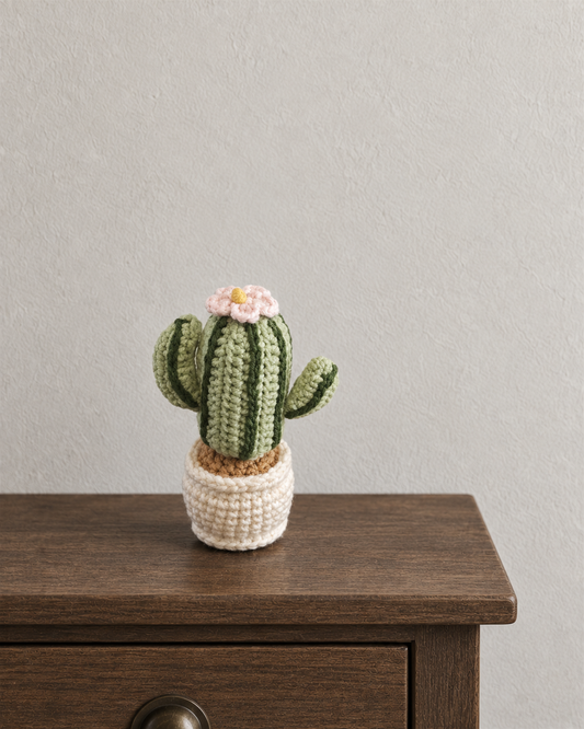 Pink Flower Crochet Cactus - Ivory Pot