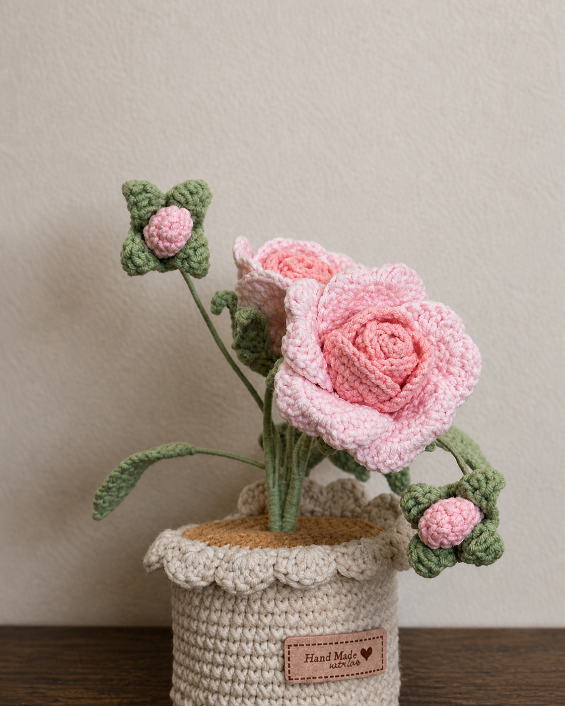 Pink Rose Crochet Potted Plant