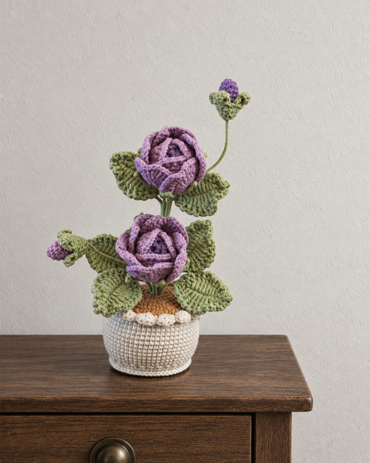 Purple Double Rose Crochet Potted Plant