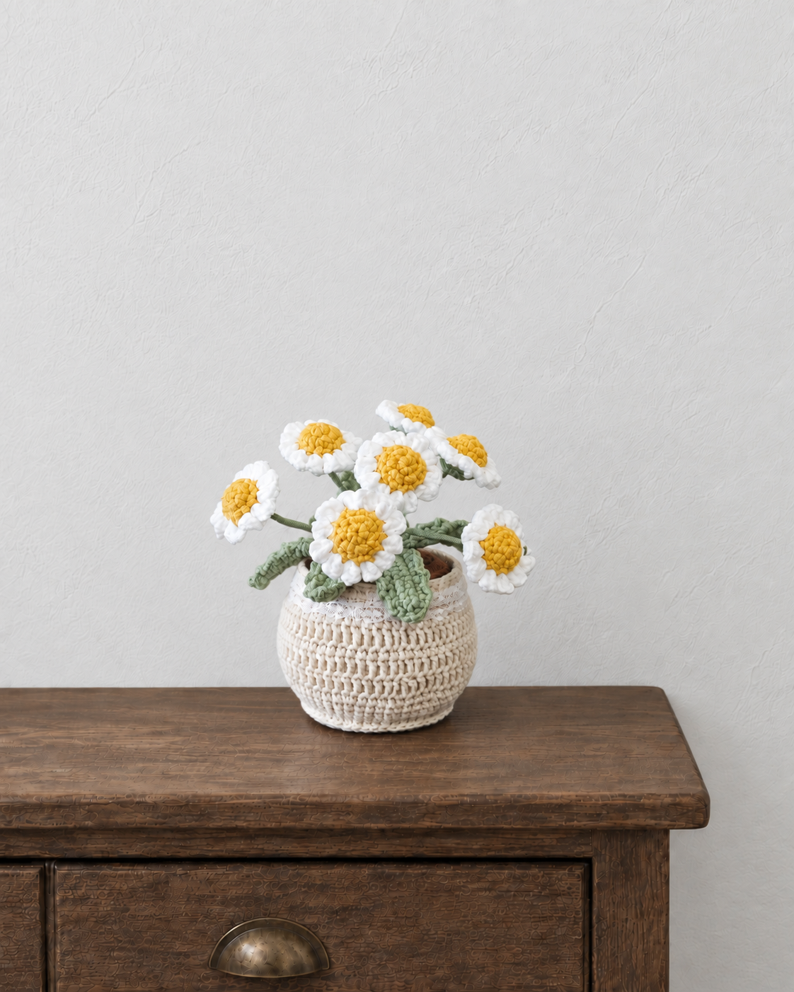 White Daisy Crochet Pot