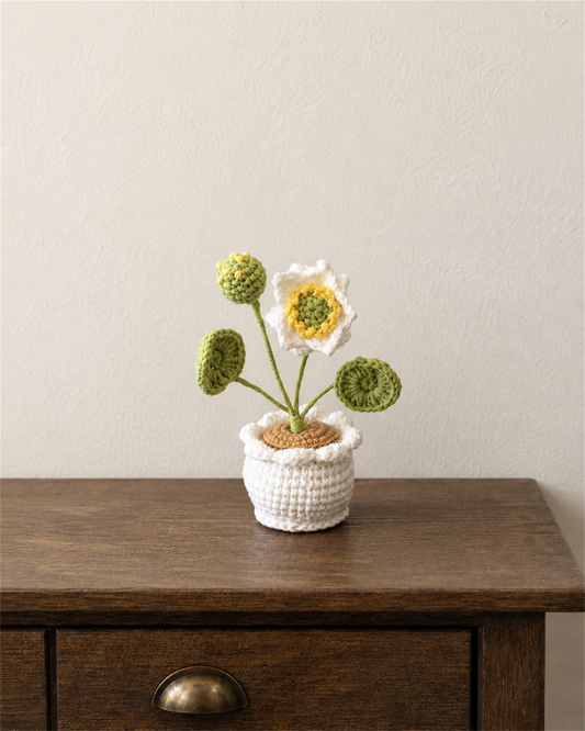 White Bloom Crochet Potted Plant