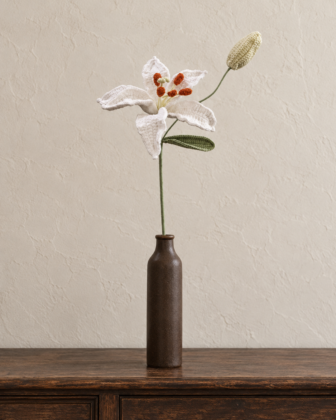 White Lily Crochet Flower with Bud - Single Stem